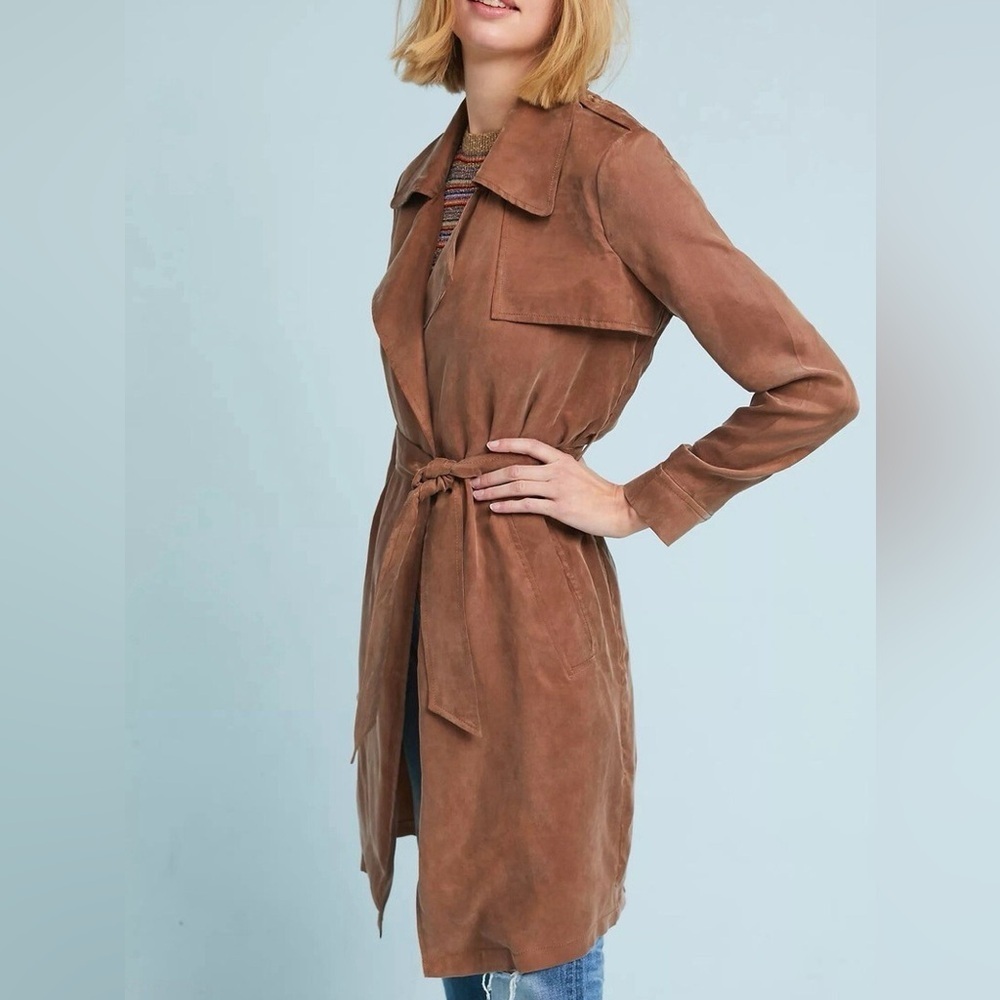 Anthropologie Moth Lightweight Flowy Brown Carrie Trench Coat Cupro Small S - Picture 1 of 11